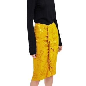 Zara Basic Satin Yellow Shiny Midi Skirt With Front Ruffle Size S